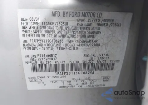 2005 Ford Five Hundred Se z USA, uszkodzony, nr VIN 1FAFP23115G106256